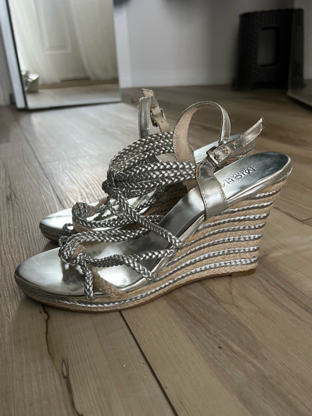Michael Kors Metallic Silver Braided Strap Heeled Wedge Sandals